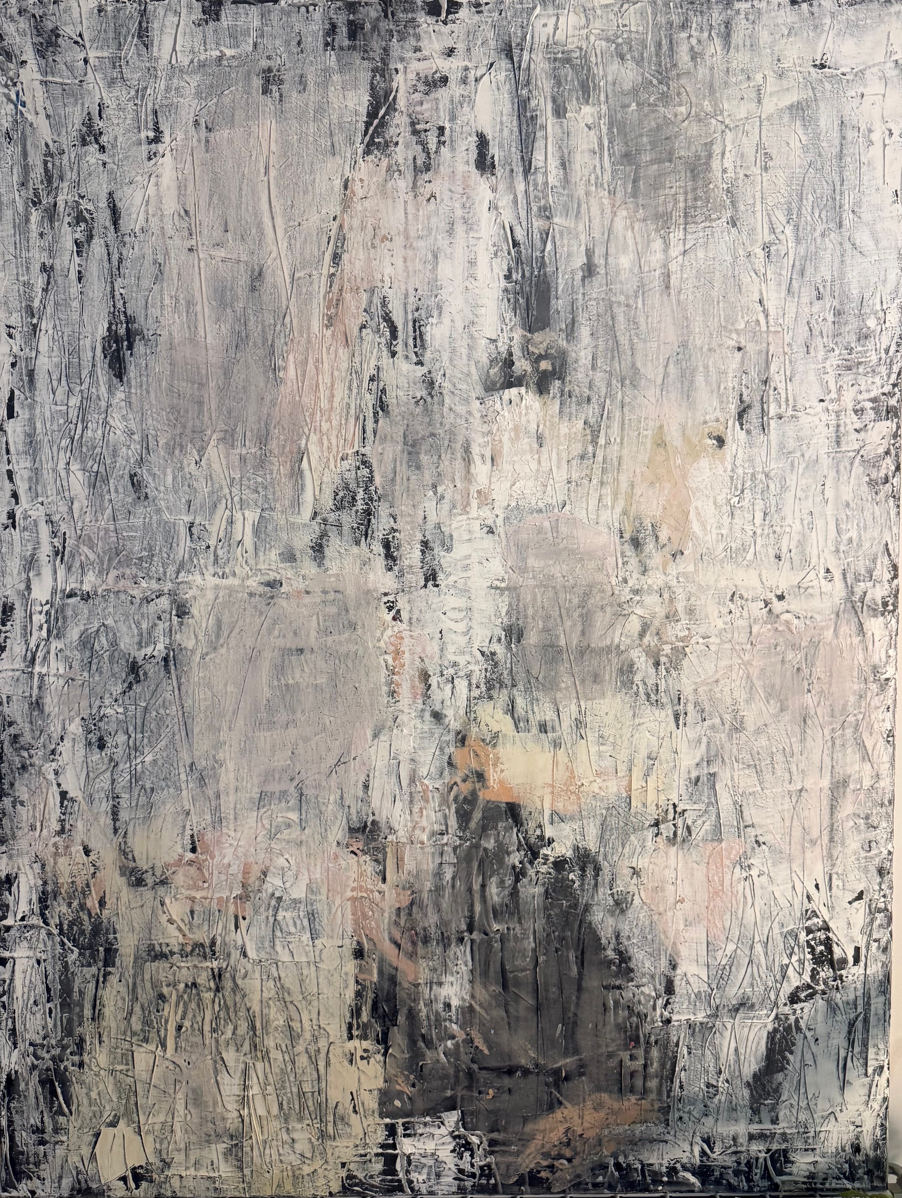 Vertical abstract painting in pale grey, ivory and blush, with dark areas and fine vertical marks.