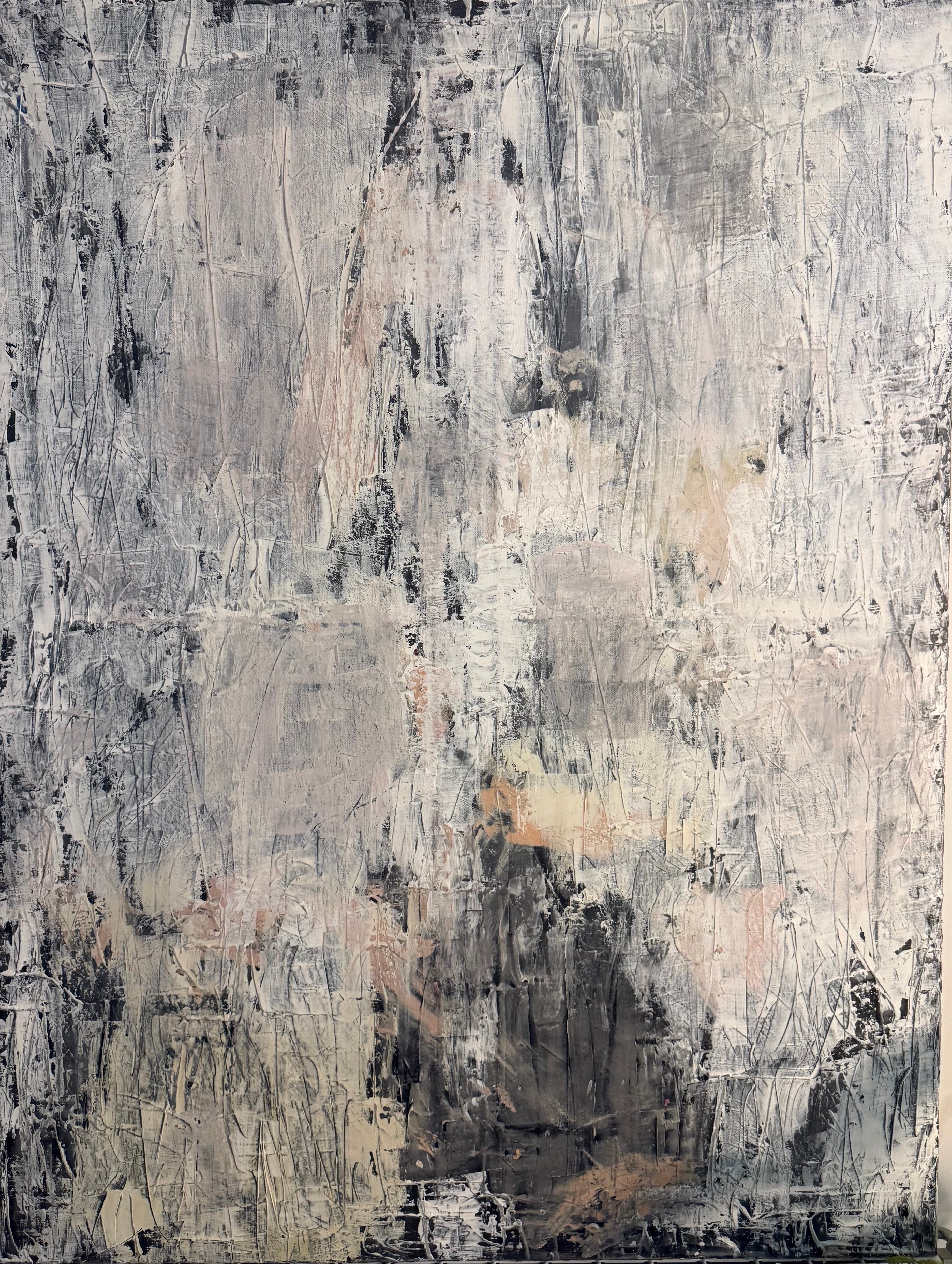 Vertical abstract painting in pale grey, ivory and blush, with dark areas and fine vertical marks.