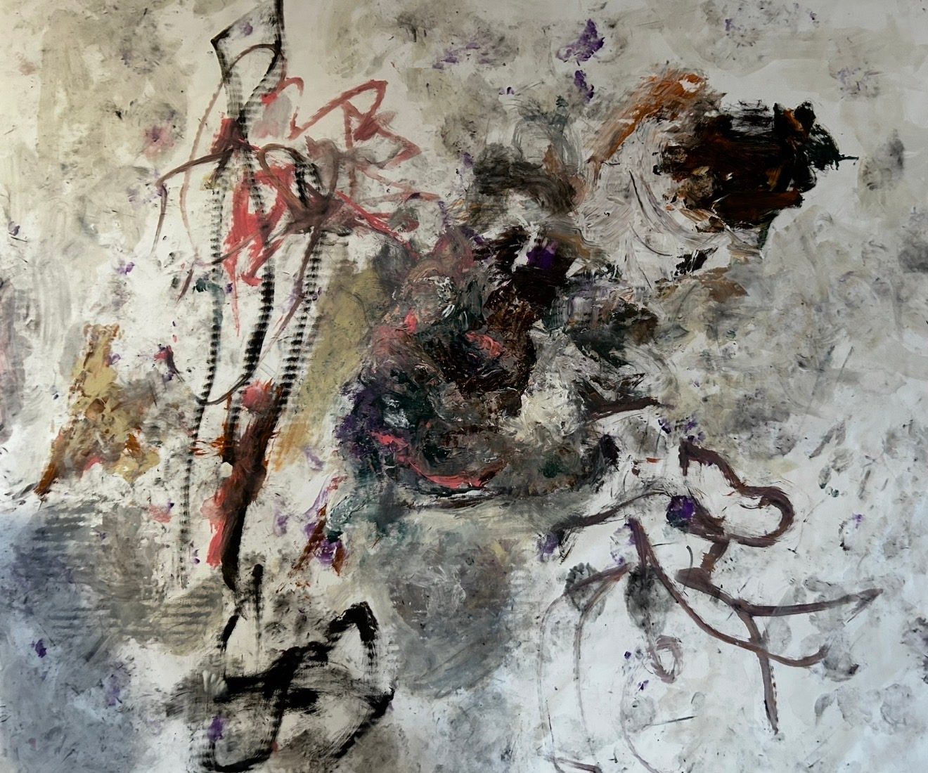 Abstract painting on linen with a pale worked ground, dense dark forms, red linear gestures and traces of violet.