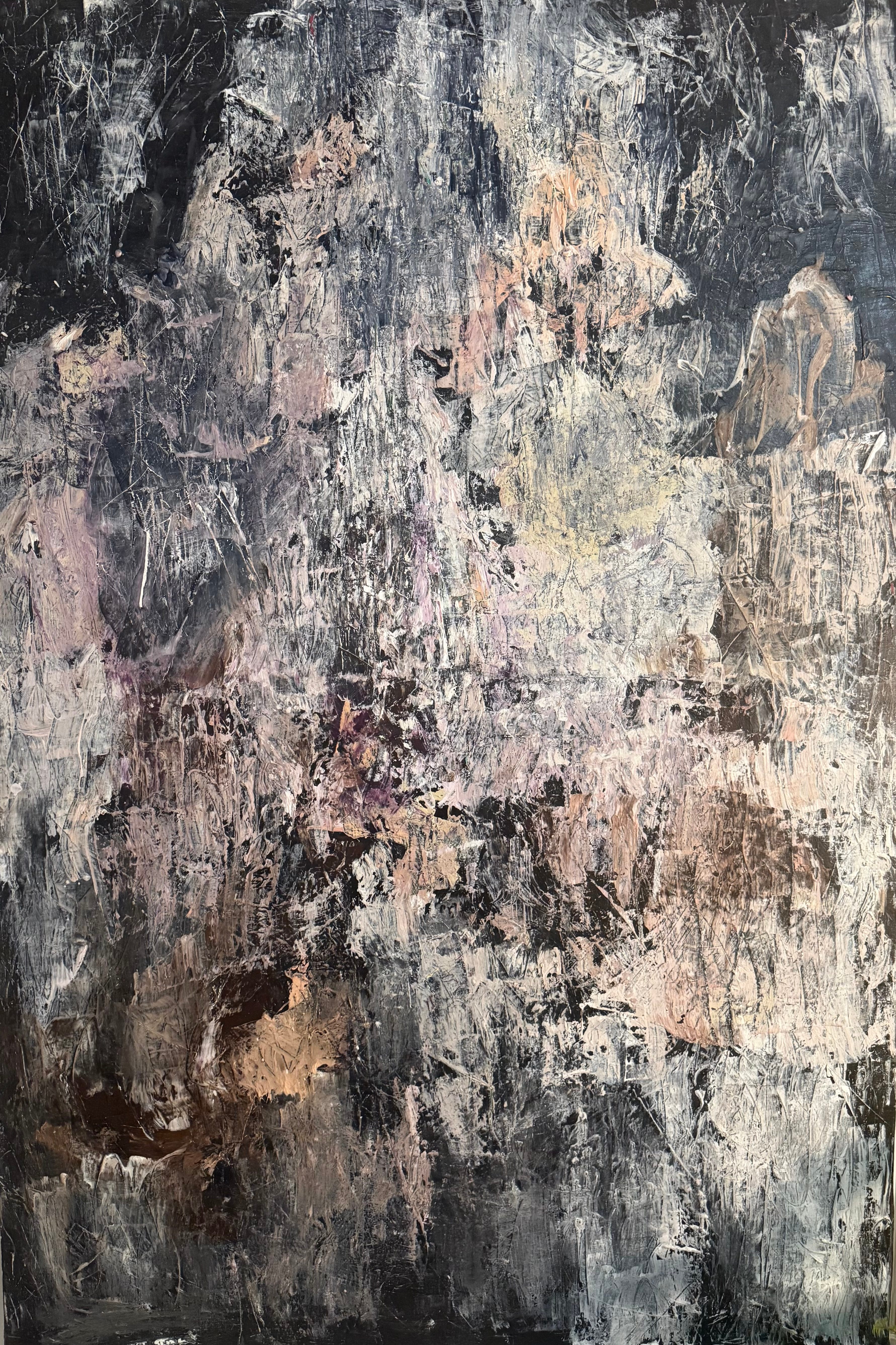 Vertical abstract painting with charcoal, cream and pale pink layers, textured brushwork and fine scratched lines.