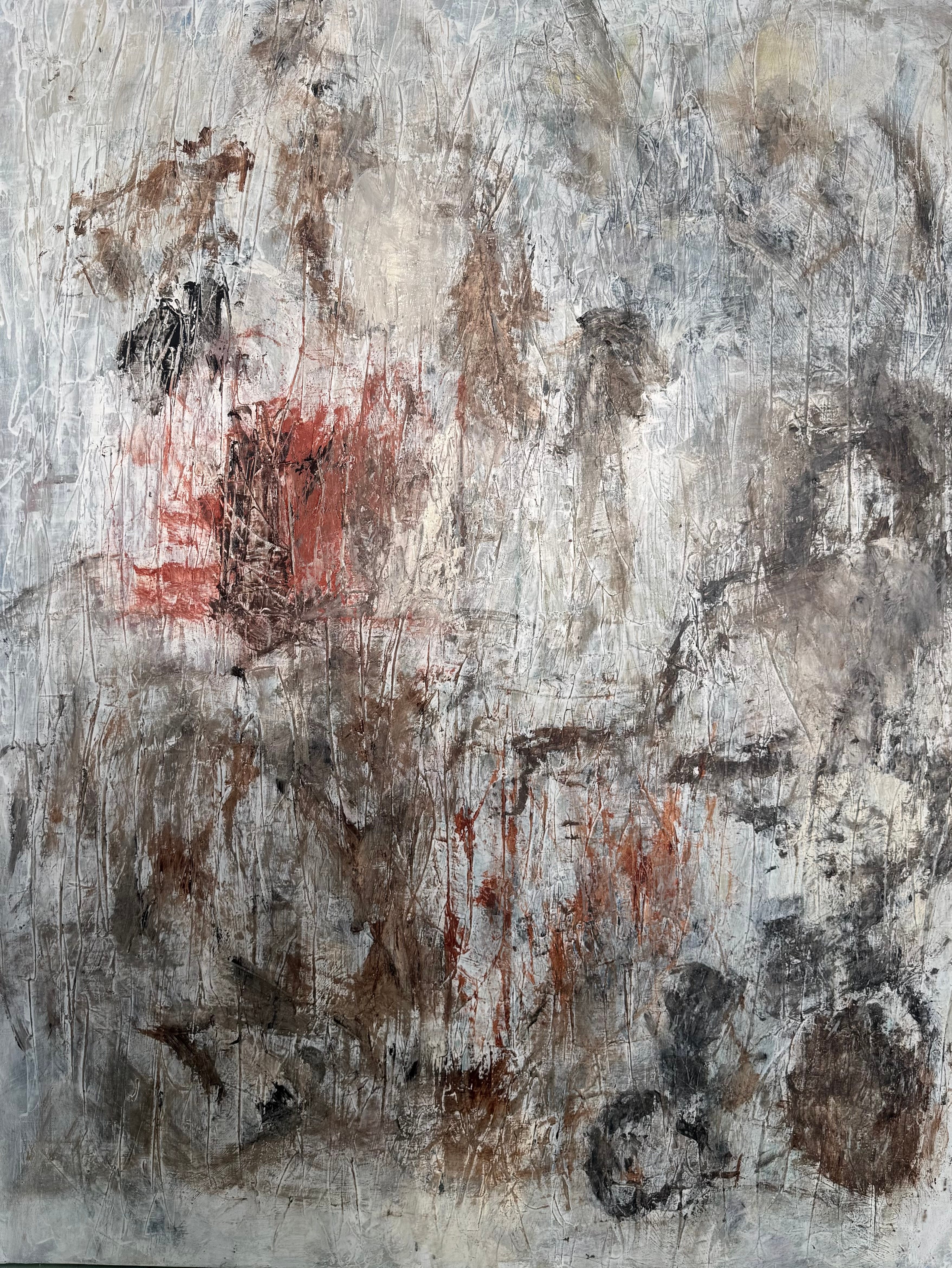 Vertical abstract painting with a pale textured ground, rust-red gestures and dark brown and charcoal forms.