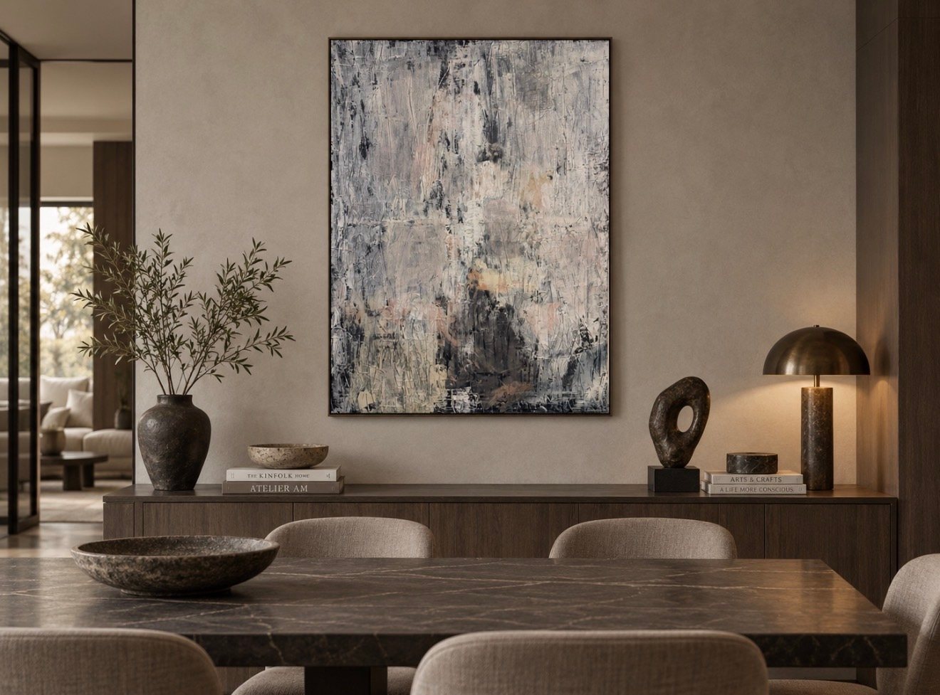 Vertical abstract painting in pale grey, ivory and blush, with dark areas and fine vertical marks. Interior view 1.