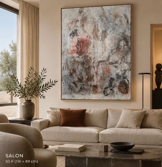 Vertical abstract painting with a pale textured ground, rust-red gestures and dark brown and charcoal forms. Interior view 1.