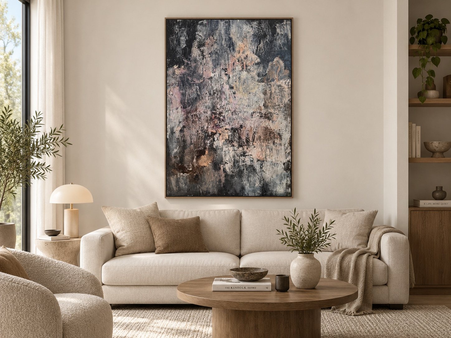 Vertical abstract painting with charcoal, cream and pale pink layers, textured brushwork and fine scratched lines. Interior view 1.